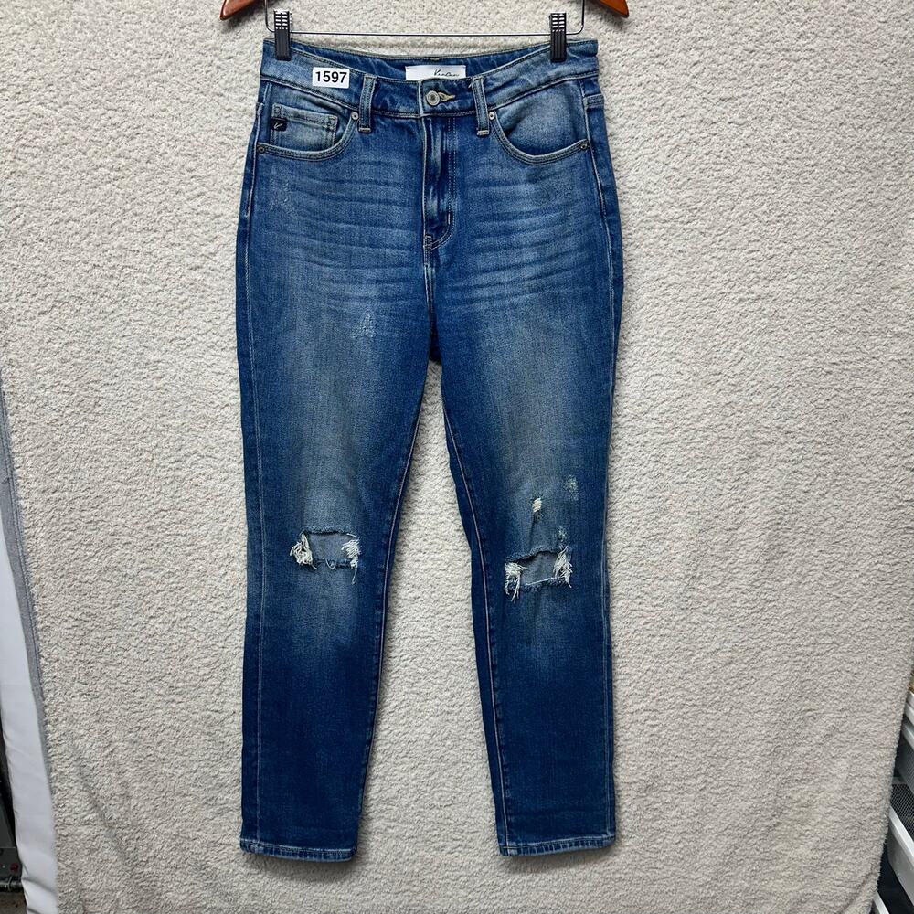 Kancan Women’s 7/27 High Rise Distressed Skinny Jeans Medium Wash Stretch